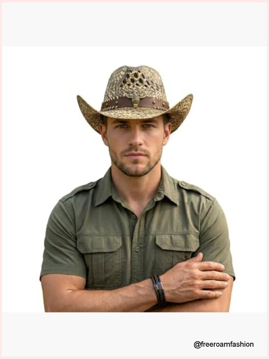 Straw Cowboy Hat with Bull Headband - Woven Wide Brim Sun Hat with Chin Strap